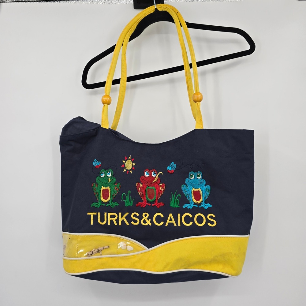 Turks & Caicos Tote Bag Embroidered Frogs Beach‎ Sea Shells Novelty Fun